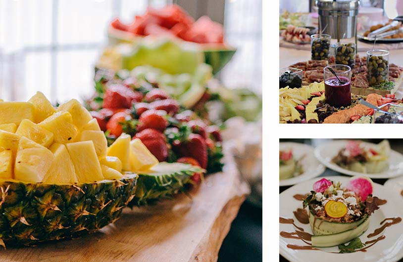 closeup of lakeview catering including fruit display, antipasto bar, and salad