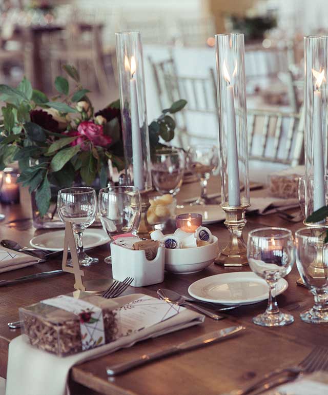 close up of harvest table with gold candlesticks